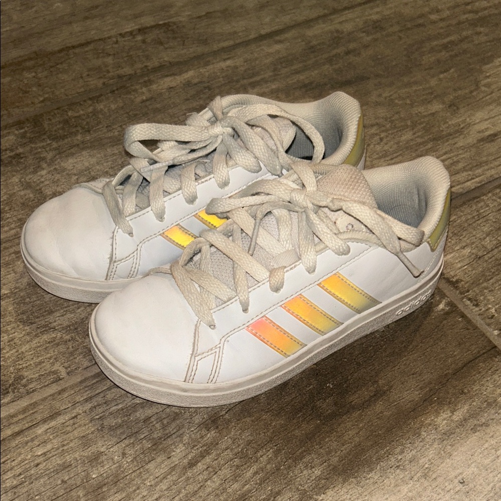 adidas Kids White Sneakers with Iridescent Yellow-Orange Stripes